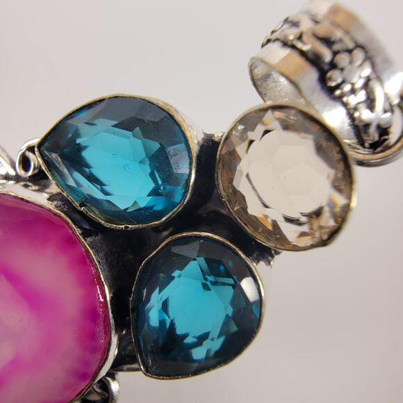 Handmade Silver Pendant with Pink Agate Druzy and Blue Topaz - Picture 10 of 10